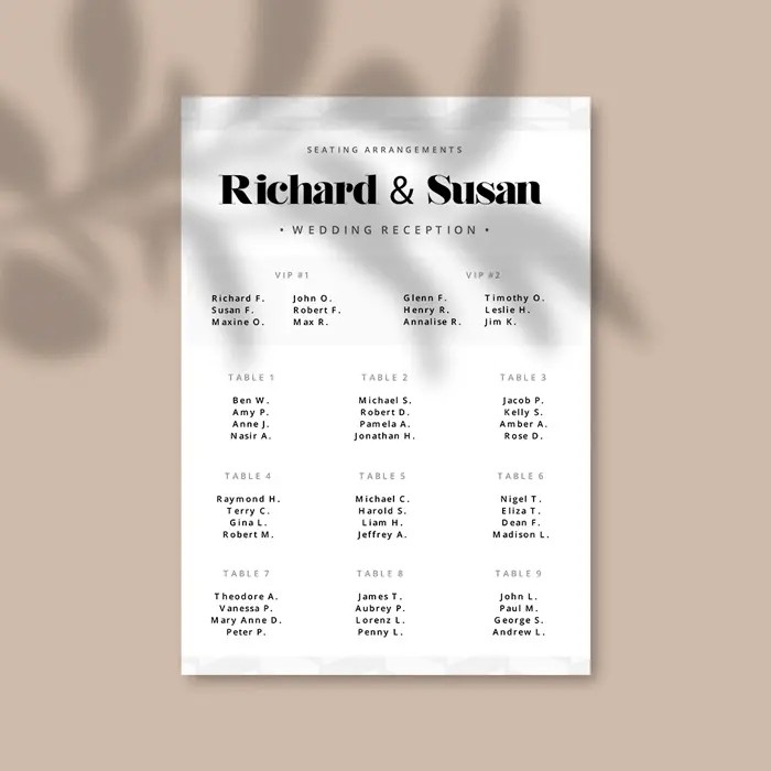 Table name cards for weddings and events