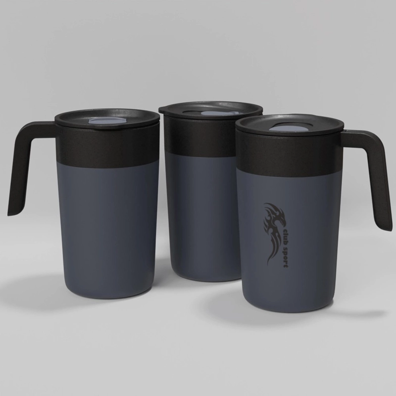 Branded and unbranded grey mugs