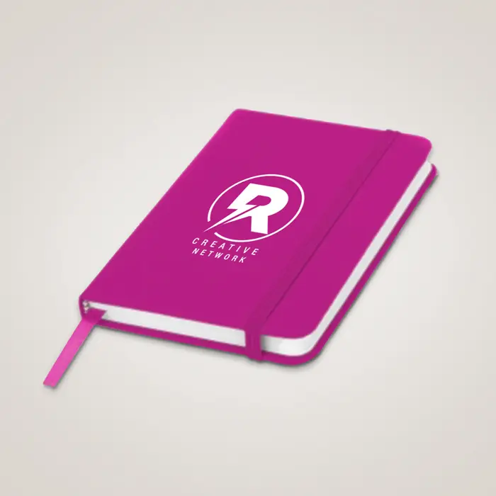 Pink branded notebook with logo