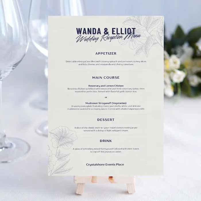 Uncoated Wedding menus and  wedding stationery